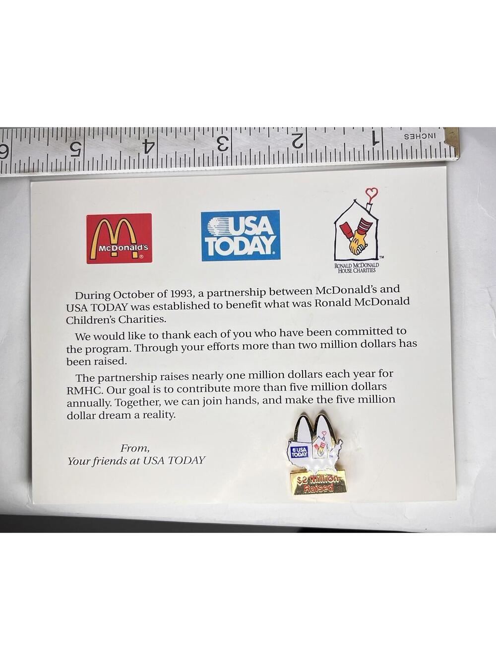 1993‎ McDonald’s USA Today RMHC $2 Million Raised Pin w/ Original Card